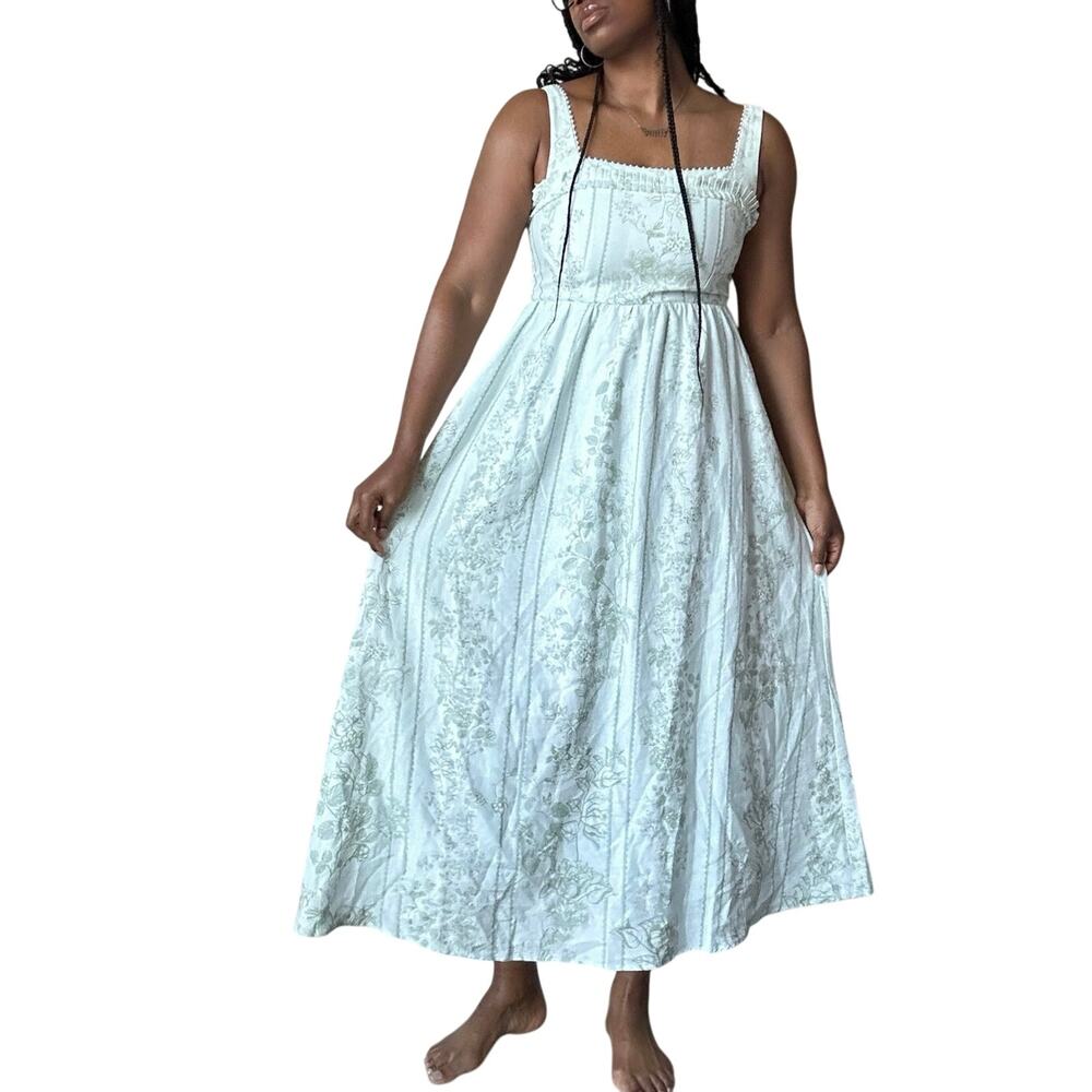 Caroline Constas Pastel Green and White Linen Blend Midi Dress Size Small